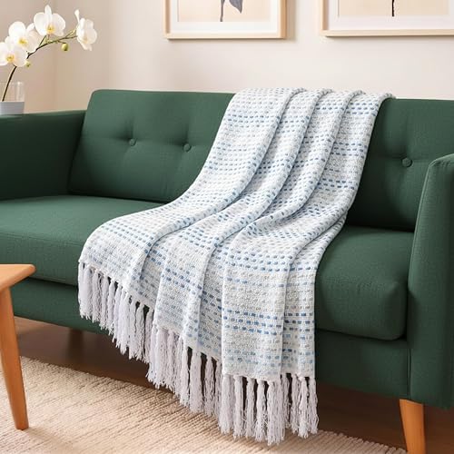 Image of SAJAVAT HOME Hand Knitted Cotton Sofa Throw Blanket |Elegant Neutral All-Season Throw for Sofa,Couch & Bed | Soft Lightweight Knitted Design Belu with Tassels | 80x52 Inches (204x132 cm)