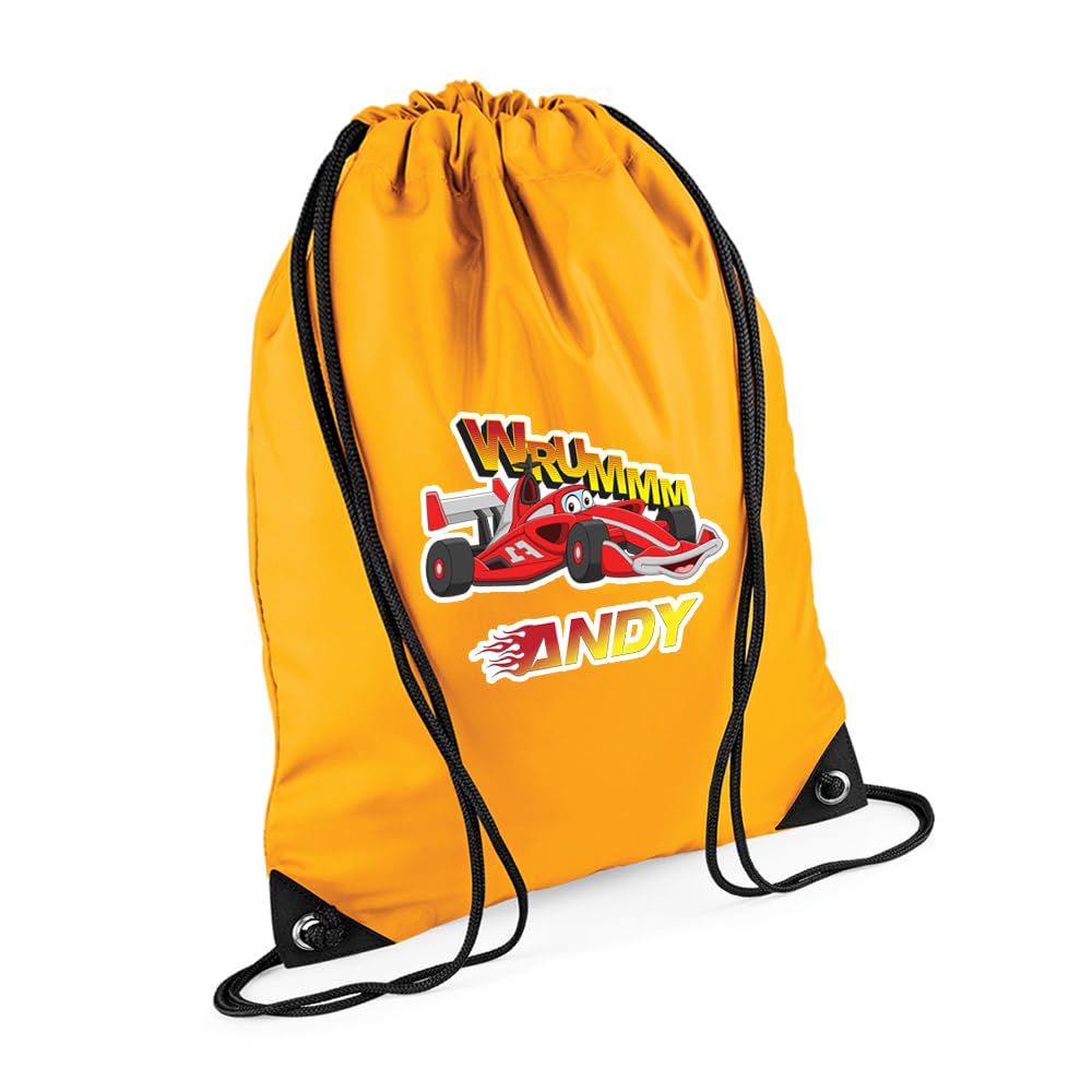 Personalised Kids Cars Backpack, Sport Car Bag Gift For Children's, Back To School, Drawstring Bag, PE Gym Kit Swimming, Sport Rucksack. (Gold)