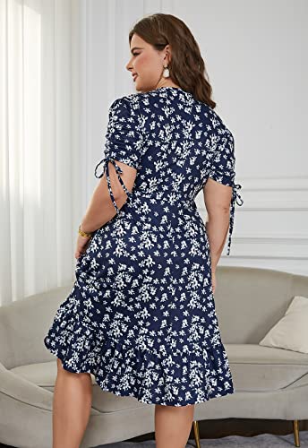 Image of Keluummi Plus Size Summer Wedding Guest Midi Dresses for Curvy Women, Floral V Neck Party Sundress