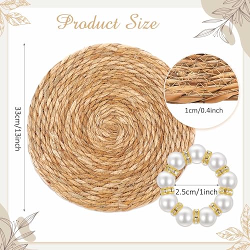 Image of 30 Pcs Cattail Round Woven Placemats Set, Cattail Placemats with Pearl Napkin Rings Boho Farmhouse Rustic Woven Chargers Natural Mat Bulk for Wedding Party, Dinner Table (13 Inch)