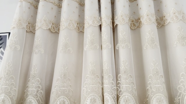Elegant European Double Layer Blackout Curtain - Beige Floral Embroidery, 1 Panel W50 X L84 Inches 5 thumbnail image