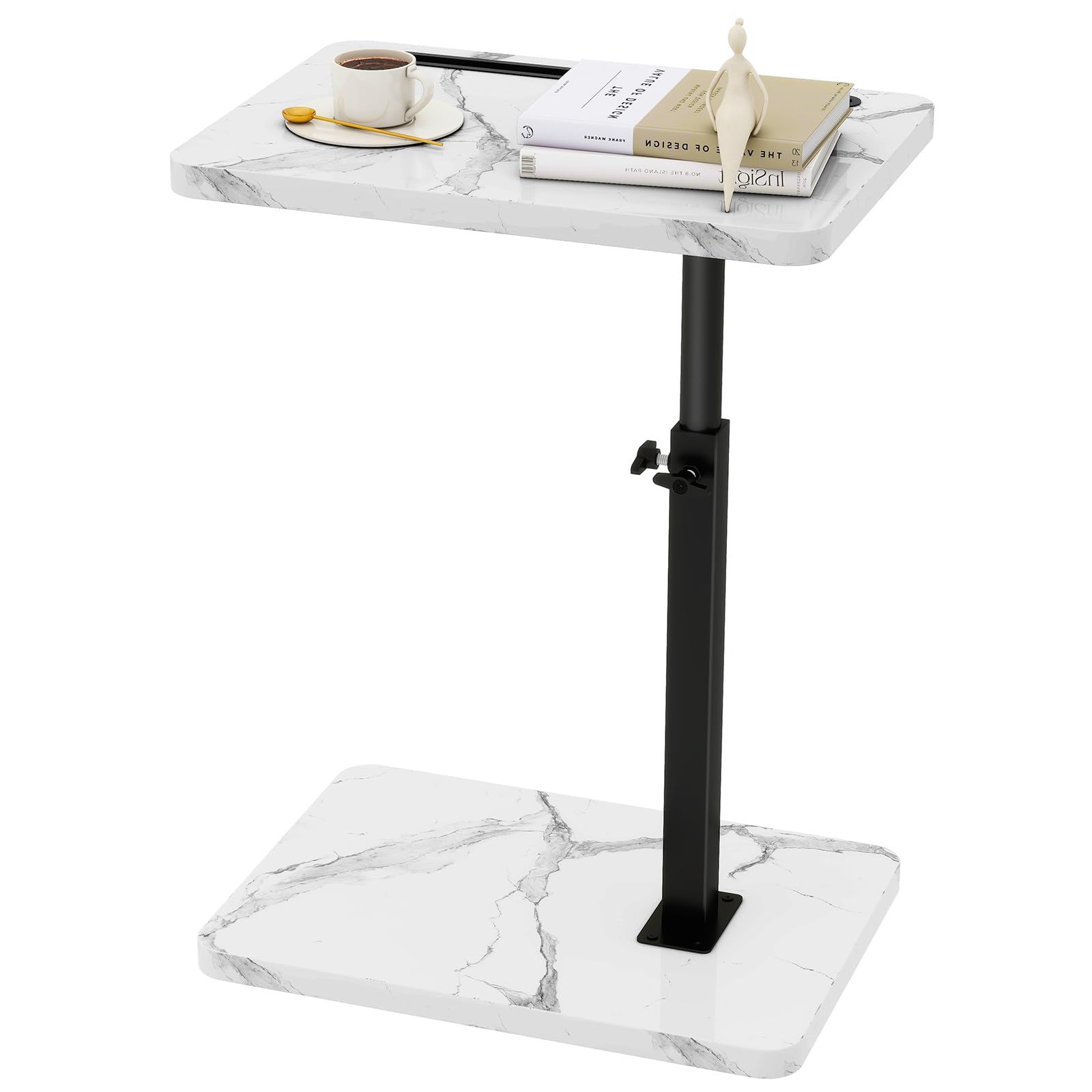 IBUYKE Tavolino a forma di C, girevole a 360°, regolabile in altezza, per stanze strette, con slot per telefono e tablet, per soggiorno, camera da letto, effetto marmo bianco TVT003BW