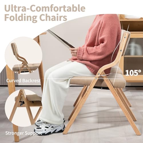 HOMEFUN 4-Pack Wooden Folding Chairs with Cushions - Portable Dining Chairs for Guests, Kitchen, Office, Weddings, and Parties