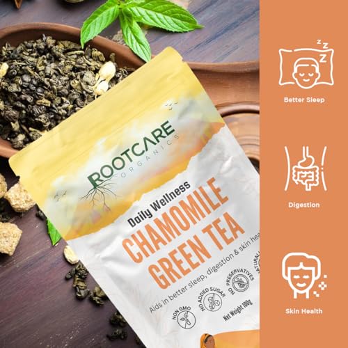 Image of Rootcare Organics chamomile tea for sleep 100g Relaxation Caffeine Free Herbal Tea Stress Relief & Anxiety Support Improves Sleep Quality Natural Dried Chamomile tea leaves
