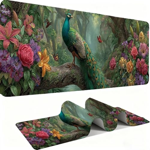 Tapis de souris 1200x600mm Paon Fleurs pour bureau et gamer