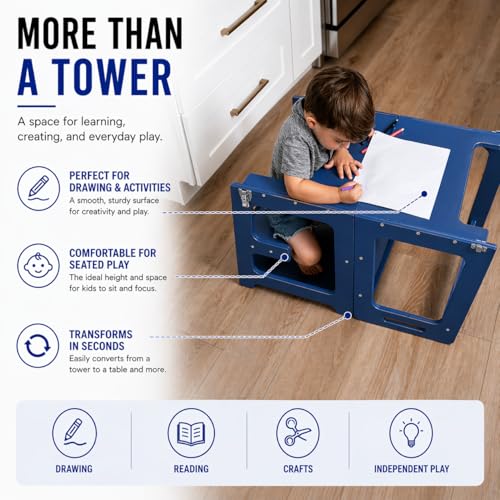 Image of Avenlur Toddler Tower, Date 4-in-1 Kitchen & Learning Tower (Blue) | Avenlur Date 4-in-1 Kitchen Tower doubles as a kitchen stool for toddlers, montessori tower, and toddler tower table.