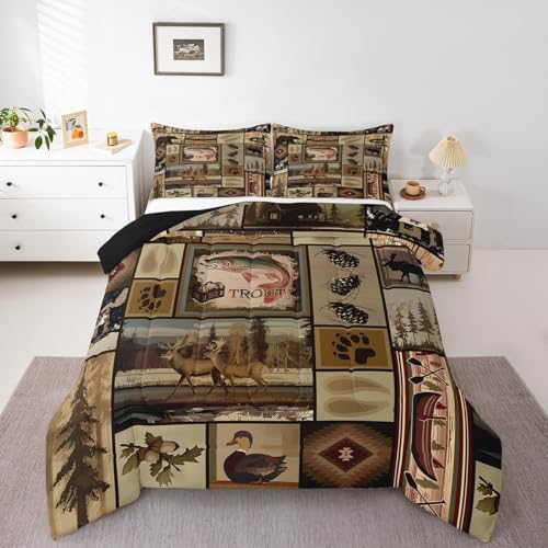 Image of Feelyou Kids Bass Fish Comforter Set Full Size, Deer Hunting Bedding Set Fishing Duvet Insert Boys Girls Rustic Farmhouse Teens Bedroom Decor 3Pcs