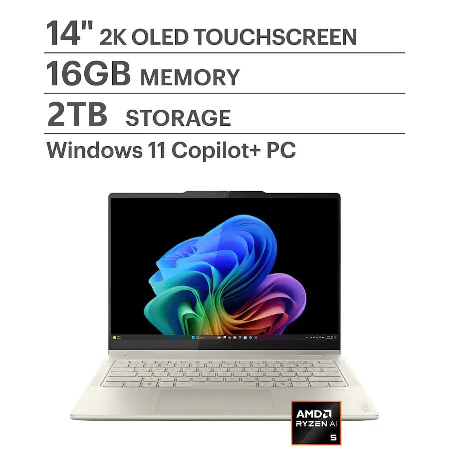 Image of Lenovo Yoga 7 2-in-1 Laptop 14 inch WUXGA OLED Touch (100% DCI-P3, 600nits HDR) AMD 6-core Ryzen AI 5 340, 16GB RAM 2TB SSD for Wi-Fi7, Backlit KB, Windows 11, Seashell, w /2TB USB Drive, W /GaLiMu