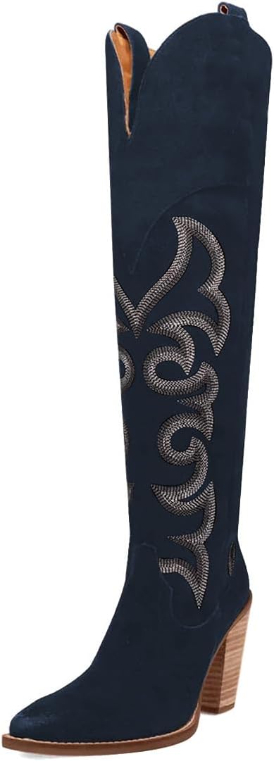 Pazzion Women's Western Cowboy Boots Closed Toe Stacked High Heels Side Zippers Knee High Boot Outdoor Party Club Shoes Size 4-16 US