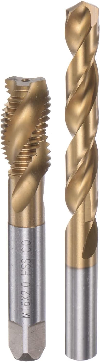HARFINGTON Tap & Bit Sets, M16 x 2 Screw Thread Machine Spiral Flute Threading Tap and 14mm Twist Drill Bit, Titanium Plated M35 Cobalt High Speed Steel (HSS-CO)