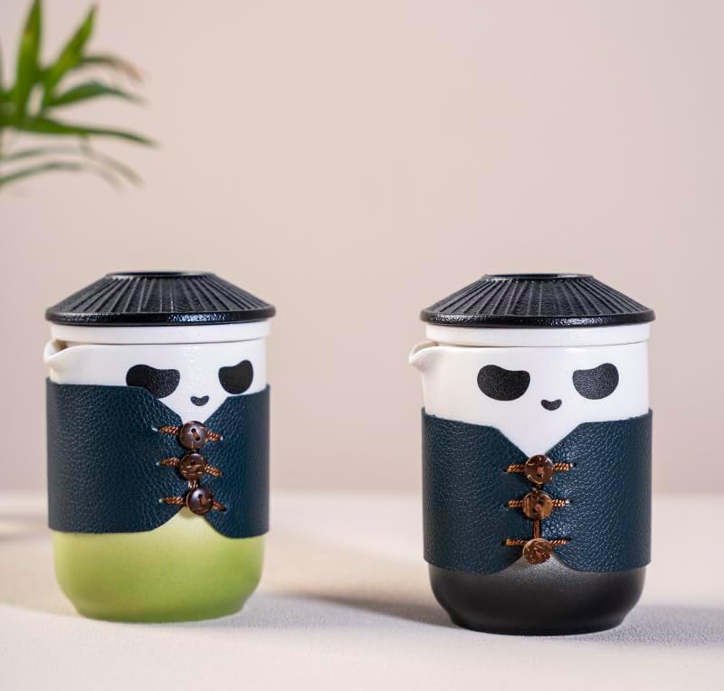 Juego de té de viaje, bonita taza de té panda con bolsa portátil, tetera de cerámica china de gongfu de 13 onzas con 4 tazas de té de cerámica, con