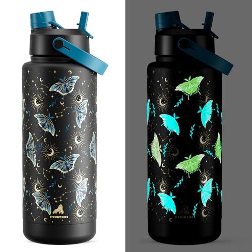 Image of POWCAN 40 oz Insulated Water Bottle with 2-in-1 Straw and Spout Lid, Glow-in-the-Dark, 24H Cold, Leakproof, BPA-Free, Double Wall Stainless Steel for Sports, Gym, Travel, and School (Gilded Flutter)