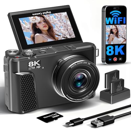8K Digital Camera for Photography,88MP HD WiFi Vlogging Camera for YouTube with 3" 180° Flip Screen,Autofocus,Compact Camera with 18X Digital Zoom,Flash,32GB TF Card & 2 Batteries(Gunmetal)