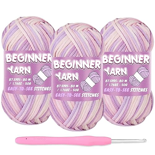 3 Pack Beginners Crochet Yarn, Easy-to-See Stitches, Chunky Thick Bulky Cotton Soft Yarn for Crocheting (3x50g) (Gradient Purple)
