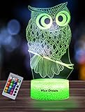 Nice Dream Eule Nachtlicht für Kinder, 3D Illusion Lampe Kinderzimmer LED Licht, Fernbedienung 16 Farbwechsel Dimmbar, Weihnachtsgeschenke für Mädchen Junge Wohnzimmer Schlafzimmer Dekor