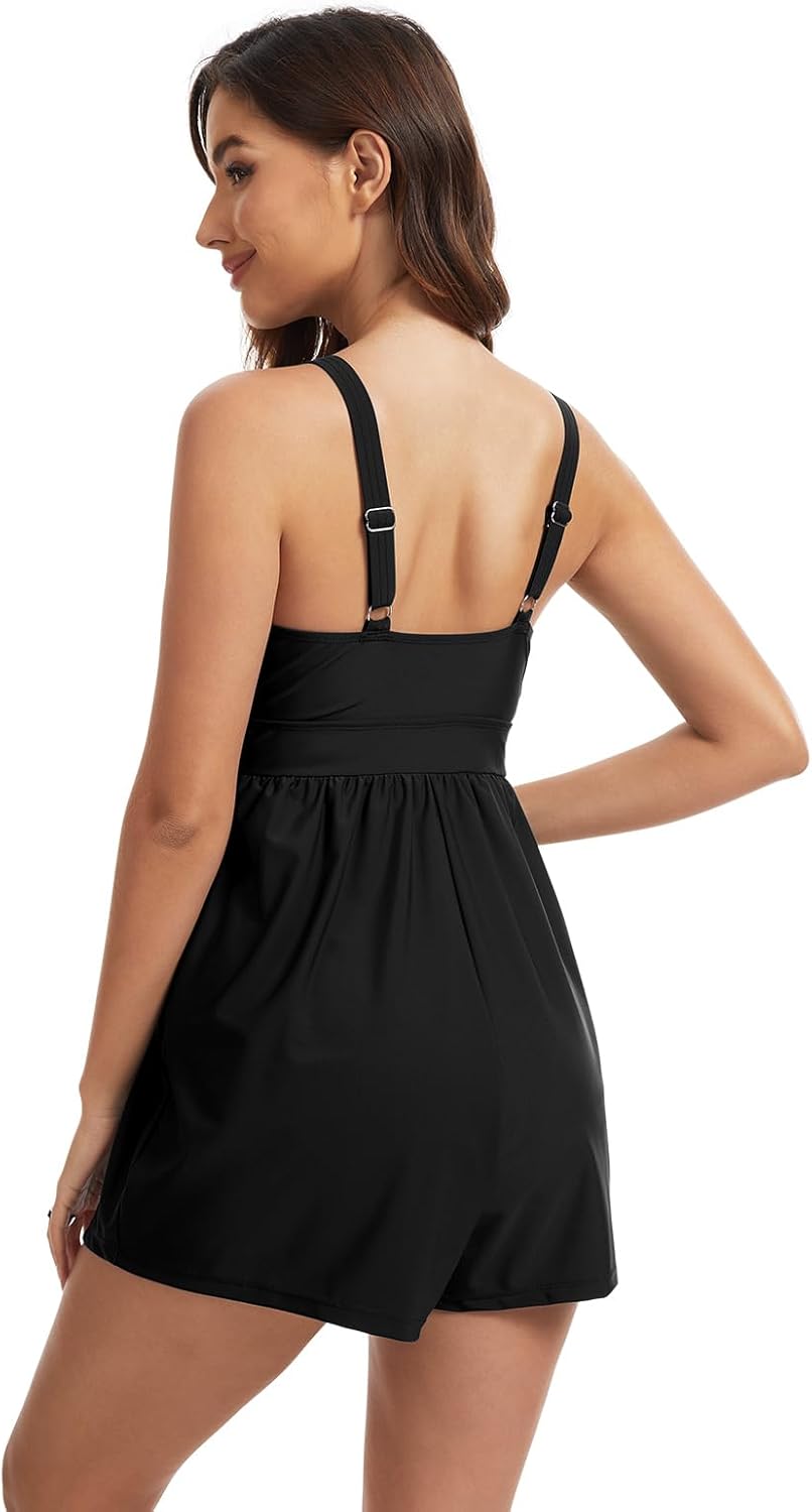 Swim Romper for Women Built in Bra Tummy Control Swimsuit with Shorts Full Coverage Bathing Suit with Pockets