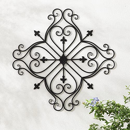 Glitzhome Vintage Wall Decor Black Artistic Beauty Metal Garden Ornament Powder-Coated Matte Black Finish Charming Fleur-de-lis Outdoor Indoor Decoration