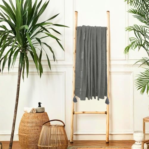 Image of Tufted Cotton Throw Blanket for Sofa & Bed | Handwoven Grey Decorative Throw with Tassels | Soft Couch Throw for 3 Seater, Living Room & Bedroom 125x150 cm