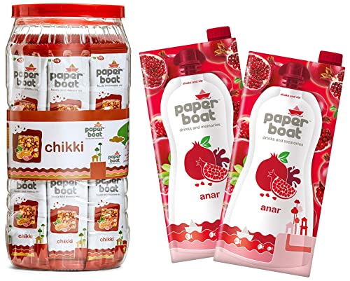 Image of Paper Boat Chikki Jar, Peanut Bar, No Added Preservatives and Colours (50 Pieces, 16g Each), Paper Boat Anar, Pomegranate Fruit Juice, No Added Preservatives and Colours (Pack of 2, 1L Each)
