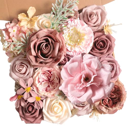 Koroni Flowers Dusty Rose Artificial Flowers Set - Fake Roses, Peonies, Silk Flowers with Stems for DIY Wedding Bouquets,Floral Arrangement,Table Centerpieces,Baby Shower, Home Decor