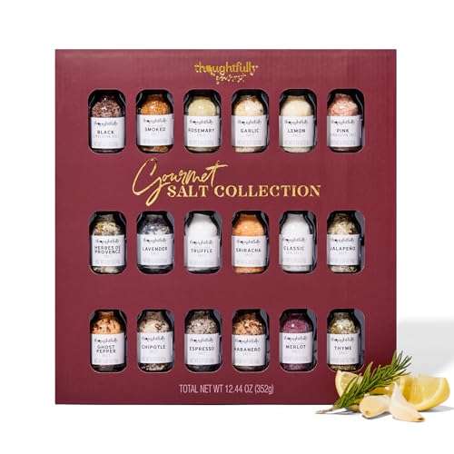 Thoughtfully Gourmet, Gourmet Salt Sampler Collection Gift Set, Vegan and Vegetarian, Uniquely Flavored Seasoning Salts Including Smoked, Truffle, Merlot, Lavender, Espresso and More, Set of 18