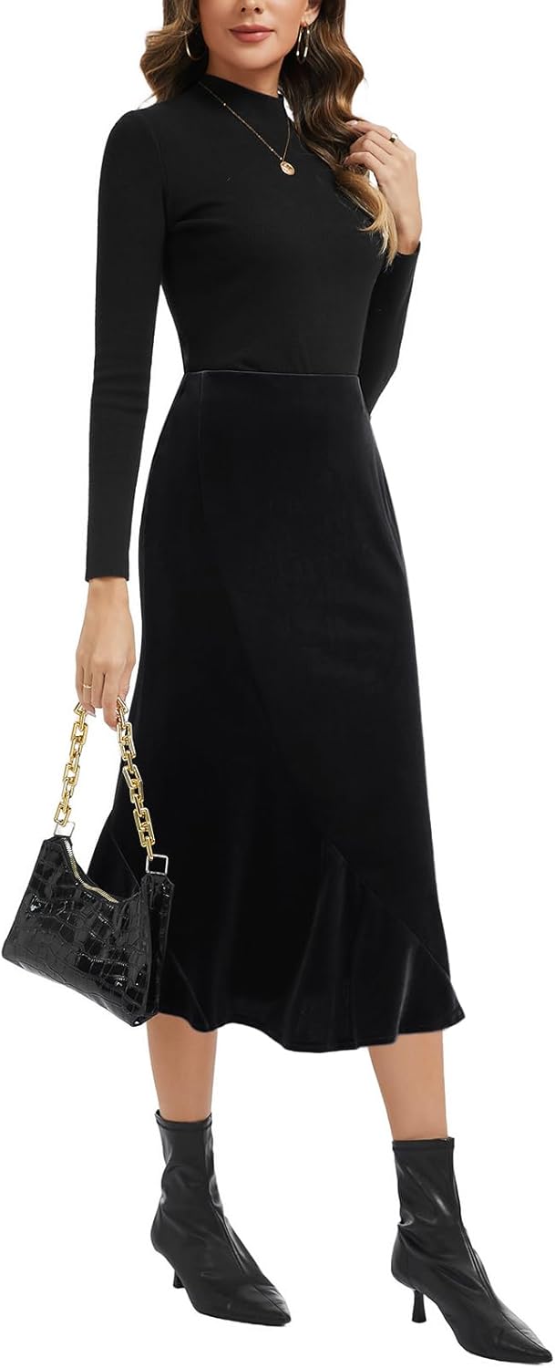 Women's Elegant Velvet Midi Skirt High Waist Asymmetric Flared Mermaid Hem - Image 3