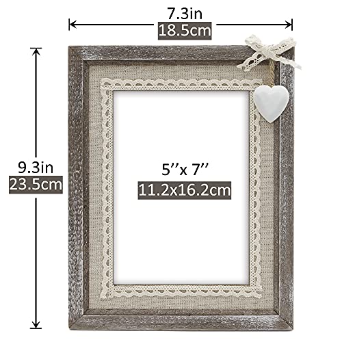 Sapowerntus 5X7 Picture Frames Rustic Wood Farmhouse Cute Heart Love Solid Wooden Family Photo Frame Lace Bow Glass Boho Wall Decor Hanging Tabletop Kids Mom Mother Wedding Gift #TOP5