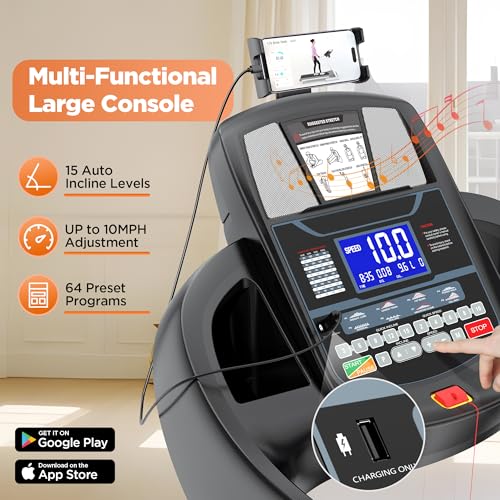 Image of Portable Treadmill 300lbs Capacity, 4.5 HP Folding Treadmill for Home w / 15% Auto Incline, 64+3+3+1 Programs, APP Control, Exercise Equipment with HiFi Speakers, Pulse Sensor, Adjustable iPad Holder