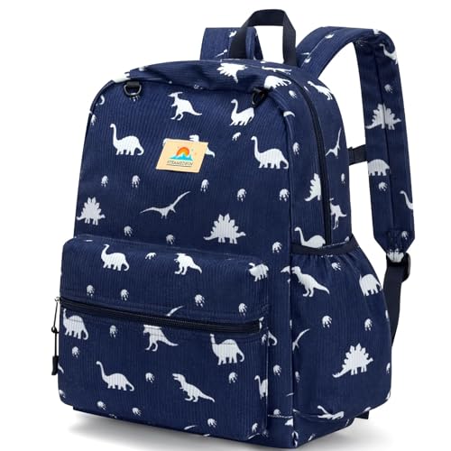Image of STEAMEDBUN Corduroy Kids Backpack for Boys and Girls 5-8: Boys Backpack for Elementary Kindergarten - 15 inch Cute Backpacks for Kids - Dinosaur