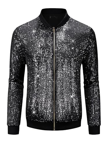 Lars Amadeus Sequin Varsity Jacket for Men's 70s Disco Zipper Party Glitter Shiny Bomber Jackets2