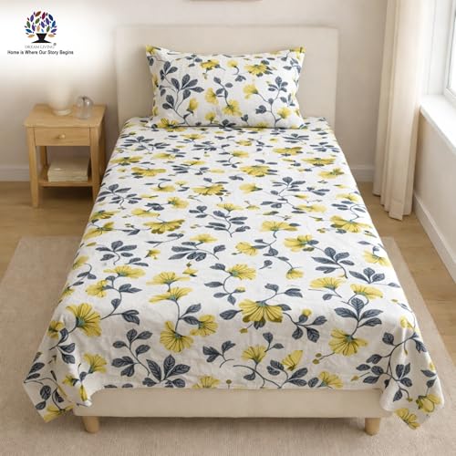 Image of Dream Living Printed Floral Single Bedsheet with 1 Pillow Cover | 120 GSM | 150x220 Cm | White