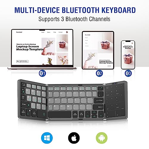 Image of EDJO Foldable Bluetooth Keyboard, Rechargeable Portable Wireless Keyboard with Touchpad & Number Pad for Android, Windows, iOS, PC /Laptop /Smartphone /Tablet (Grey)