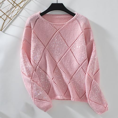 Womens Crew Neck Crochet Long Sleeve Hollow Out Knit Sweaters Fashion Lightweight Loose Casual Sequin Pullover Tops4