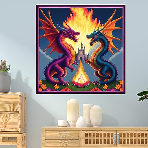 Image of Dimensean Stamped Cross Stitch Kits Full Range of Embroidery Patterns Starter Kits for Beginners Adult DIY Cross Stitches Needlepoint Kits 11CT-Coloured Dragon and Castle 17.7x17.7 inch