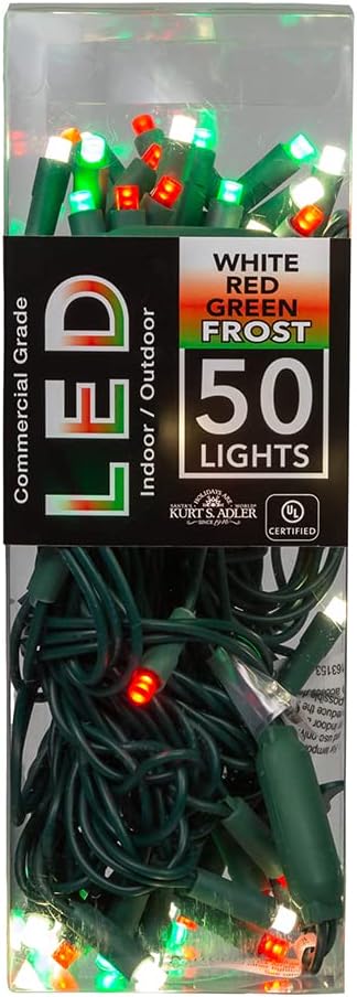 Kurt Adler UL 50-Light Pure White, Red and Green Frosted LED Green Wire Light Set