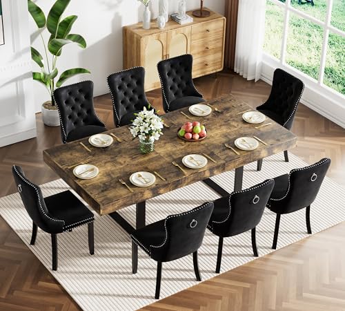 Image of Rustic Brown Dining Room Table Set for 8, 9-Piece 63 inch-78.74 inch Extendable Dining Table Set with 8 Upholstered Chairs,Rectangle Wooden Expanding Kitchen Table and Black Chairs Set