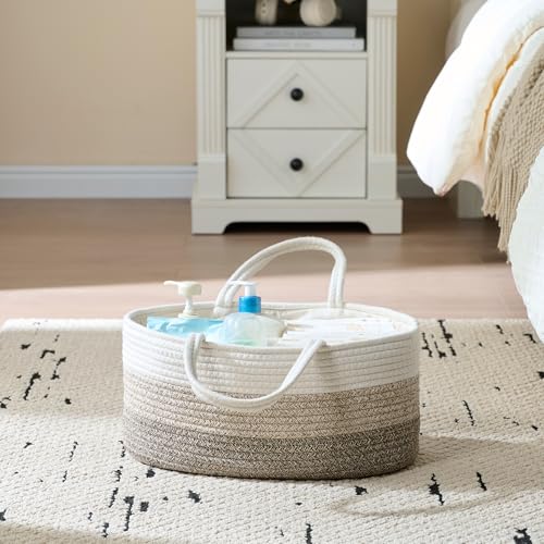 Image of luxury little Diaper Caddy Organizer, Large Cotton Rope Nursery Baby Basket, Changing Table Organizer for Baby Diaper Storage, Portable Car Organizer Removable Divider (Gradient Brown, Extra Large)
