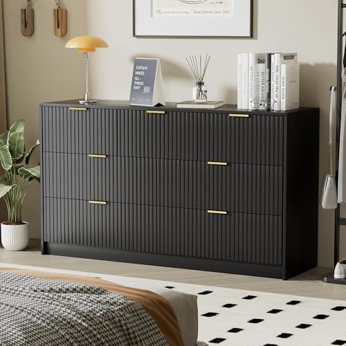 Image of 3 Piece Modern Bedroom Set, 7 Drawer Dresser with 2 Nightstands, Black