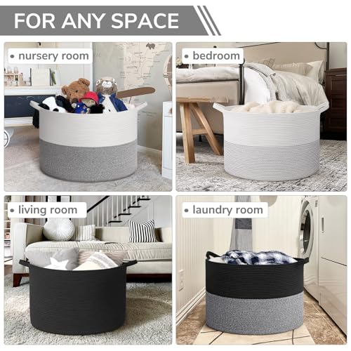 Image of INDRESSME 115L Extra Large Cotton Rope Blanket Basket, Woven Basket for Toy Storage Organizer & Laundry Toy Box for Living Room Area & Nursery Room, Black & Grey
