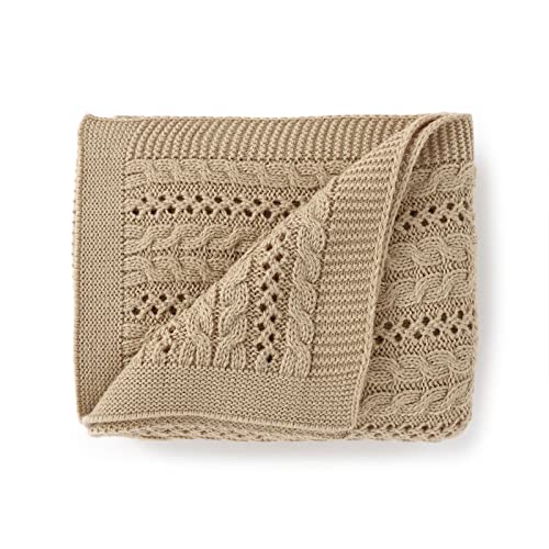 DovFanny Cellular Baby Blanket Cable Knitted Soft Cozy Newbron Baby Blanket for Boy and Girls Nursery 100 x 80cm Beige
