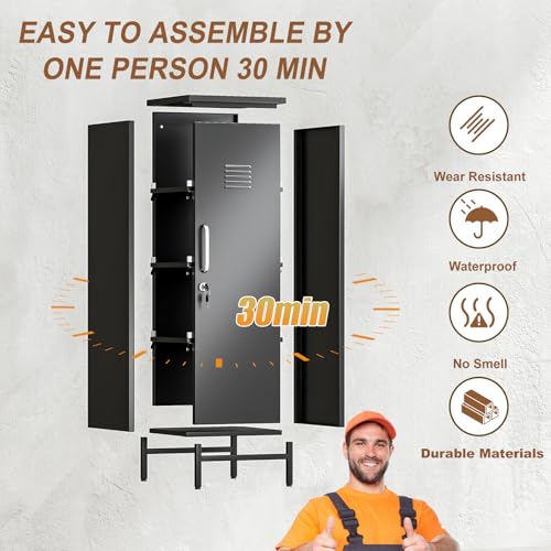Image of pozdeg 47.24 inch Black Lockable Small Metal Storage Locker | Employees Locker 1 Door & 3 Adjustable Shelves, Steel Cabinet for Employees, Home, School, Office & Gym