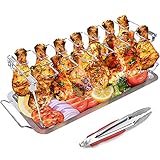 yamisan Chicken Leg Wing Grill Rack - 14 Slots Stainless Steel Roaster Stand with Drip Pan, BBQ Chicken Drumsticks Rack for Smoker Grill or Oven