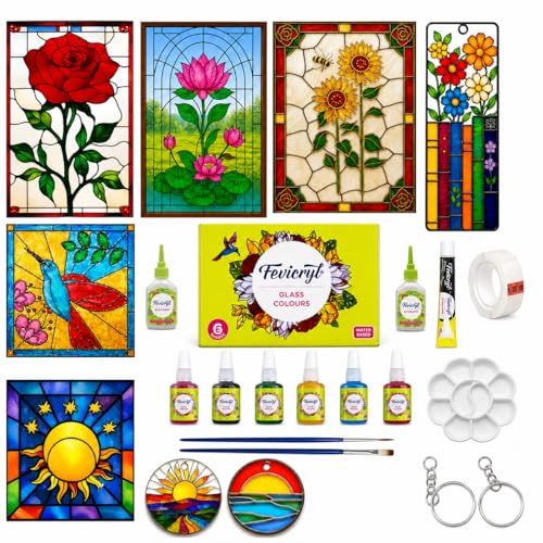 Image of THE BROWN BOX-DIY Glass Painting Kit with 6 Colours, Gold & Silver Liner | 8 Acrylic Sheets, 10 Tracing Designs & Mobile Cover Insert | Wall Decor, Keychains & Bookmark | Premium Art & Craft Kit for Adults, Beginners & Kids