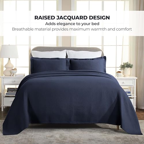 Superior Solitaire Cotton 3 Piece Bedspread Set, Home Bed Decor, Decorative Textured Bed Spread, 2 Pillow Shams, Airy Blanket, Matelasse Coverlet Bedding, All-Season Accent Blanket, Queen, Navy Blue by SUPERIOR - Image 4