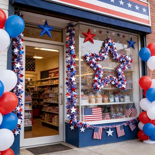 Image of 50Ft 4th of July Tinsel Garland Decorations, Glitter Red White Blue Star Metallic Patriotic Garland for Independence Day Memorial Day Car House Decor, Indoor Outdoor Party Supplies (50ft)