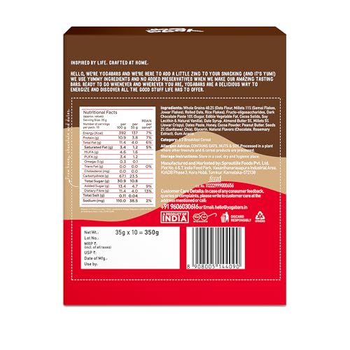 Image of Yogabar Multigrain Energy Bars - Chocolate Chunk 20 Bars - Daily Protein Snack, High Energy & Nutrition Bars - with 8g Protein & 7g Fibre - No Preservatives - Pack of 2, 10 Bars each