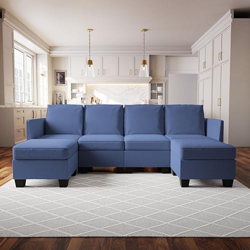 Divano Roma Furniture Modern Chenille Fabric U-Shaped 6 Seat Sectional Sleeper Couch with Reversible Chaise Modular Sofa with Storage, Large, Dark Blue