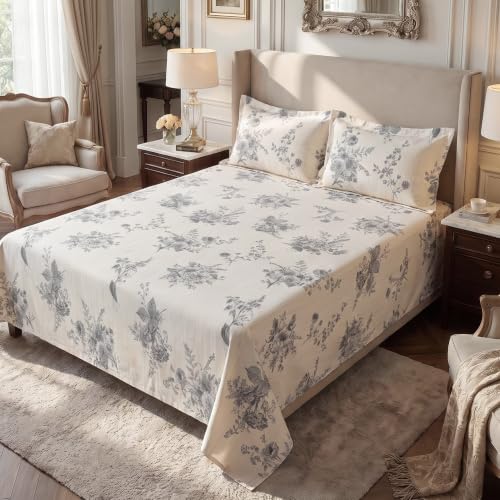 Image of Home Elegance from House of Mytrident | Linen Feel Bed Sheet for Double Bed King Size with Two Pillow Covers | Ultrasoft | Floral 274cm x 250cm | myTrident - Ethereal Grey
