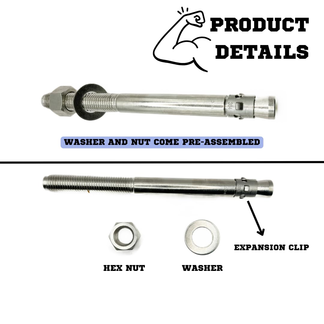 Mighty Fasteners Wedge Anchors – Heavy-Duty 304 Stainless Steel Expansion Bolts for Concrete & Masonry, Rust-Resistant & Durable - 1" X 12" - 5 Pack