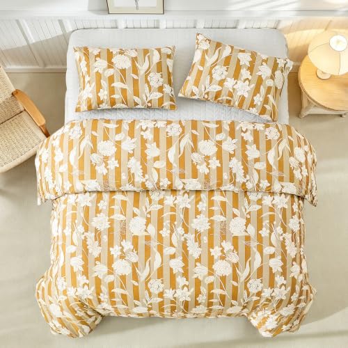 Image of Lekesky Orange Floral Duvet Cover King Size, Stripes Comforter Cover King Size Floral Printed Duvet Set, 3 Pieces Soft Microfiber Bedding Set with Zipper & 7 Ties (King, 104 inchx90 inch)